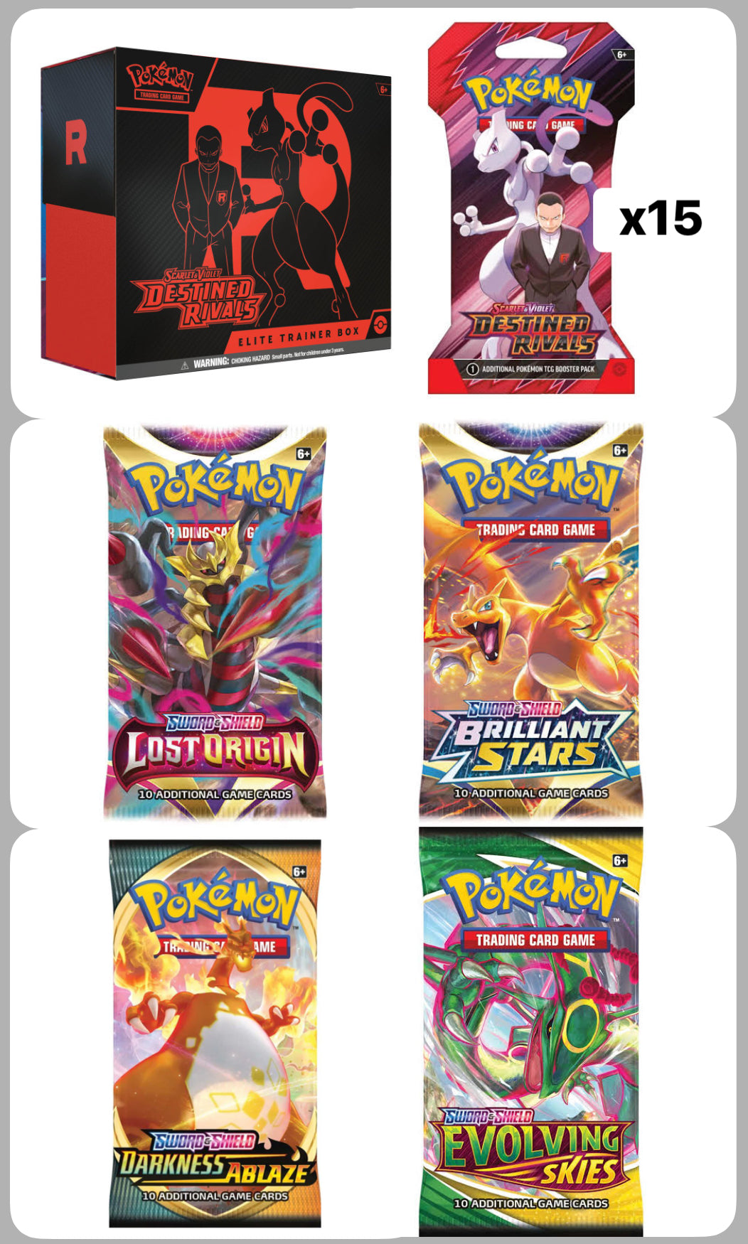 MEGA Bundle - 1x Destined Rivals Elite Trainer Box - 15x Destined Rivals Sleeved Packs - 1x Evolving Skies Pack - 1x Darkness Ablaze Pack - 1x Brilliant Stars Pack - 1x Lost Origin Pack